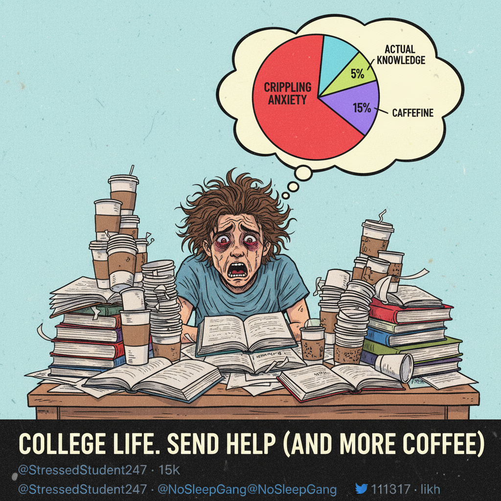 My brain during exam season is 90% caffeine, 10% panic, 0% actual knowledge.