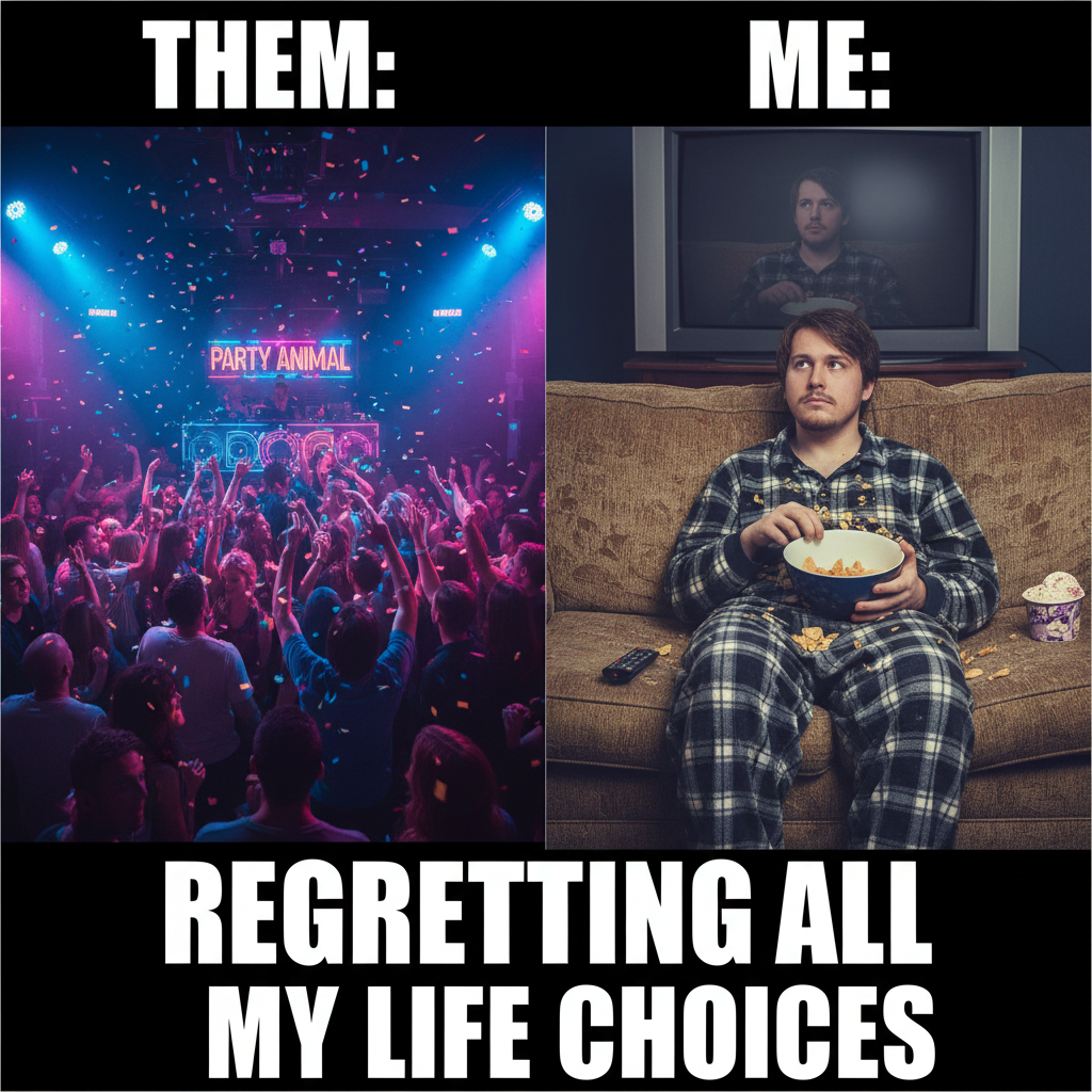 Friday night plans: Clubbing. Friday night reality: Debating if I should get up for another snack. #Relatable