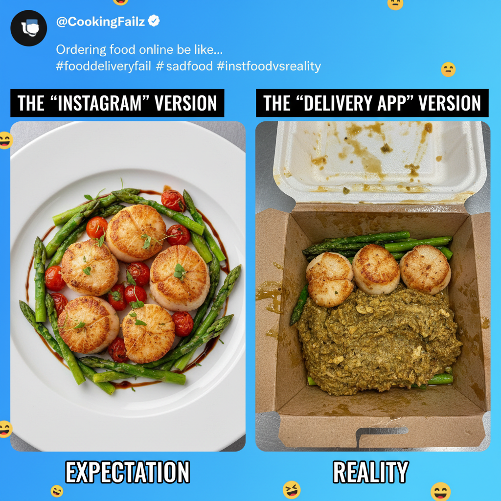 Food delivery expectation: gourmet meal. Reality: looks like it survived a war.