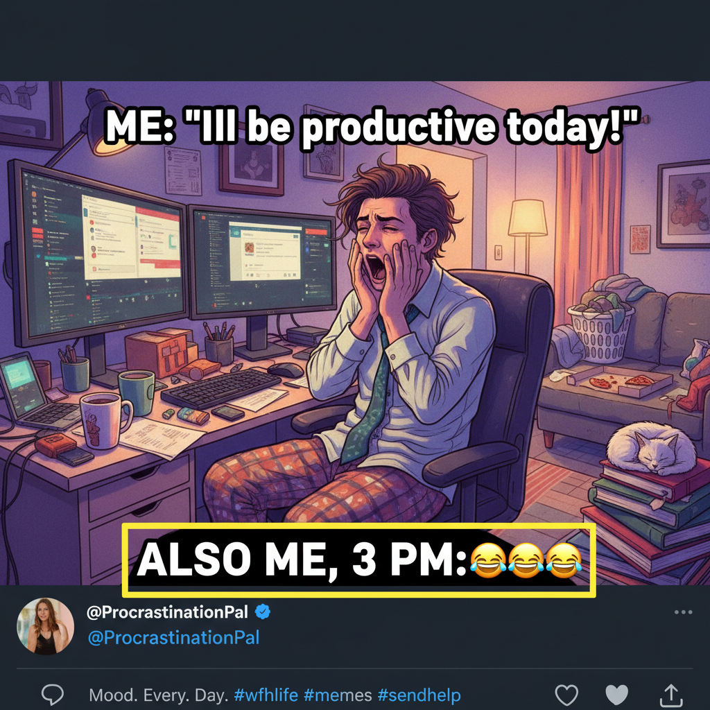 My WFH uniform is 50% pajamas, 50% existential dread. Productivity levels: questionable.
