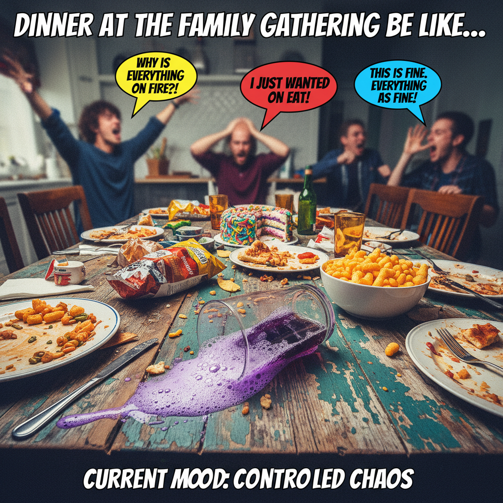 My family dinner is less 'festive feast' and more 'Hunger Games: Gravy Edition.' Send help.