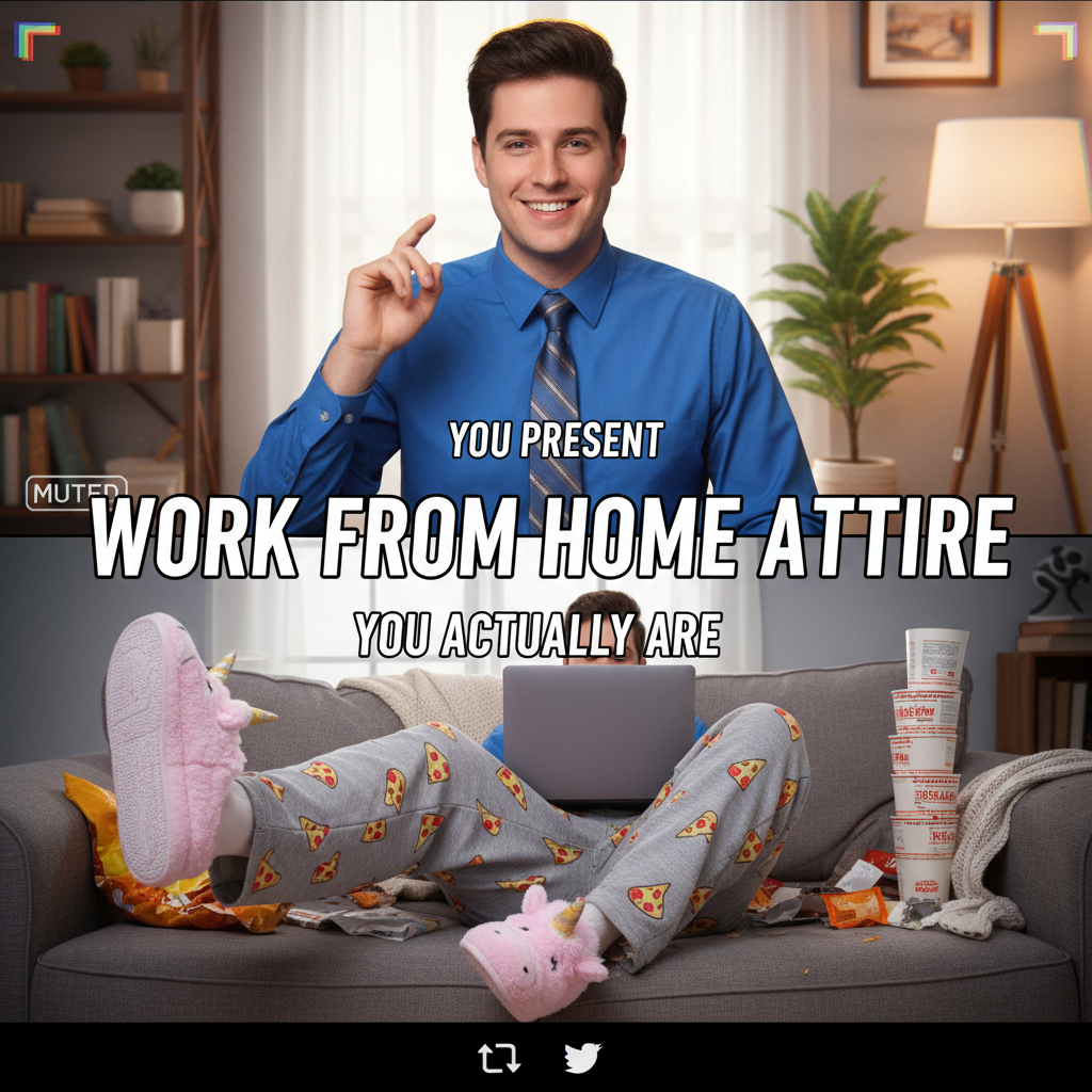 My 'work from home' outfit is 50% professional, 50% pajamas. The camera angle is key.
