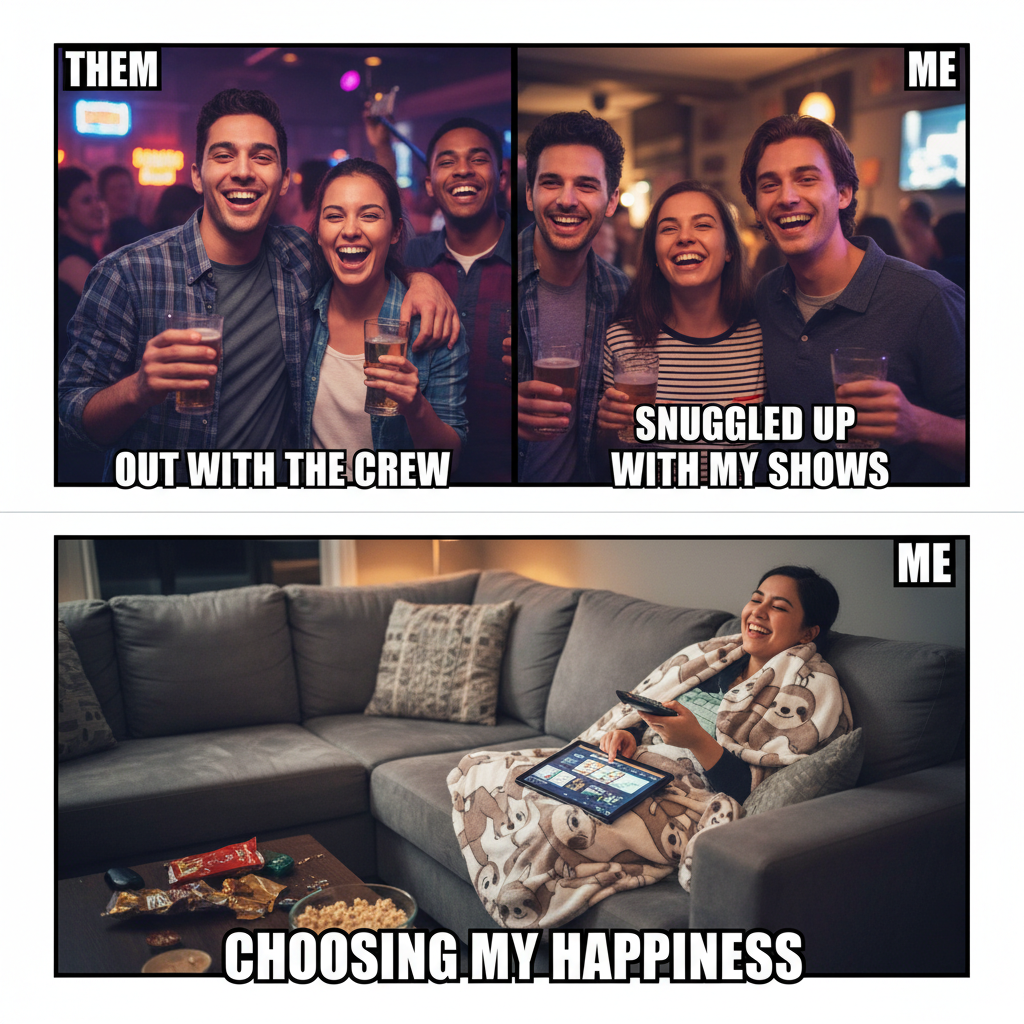 Extrovert: 'Let's go out!' Introvert: *already in pajamas* 'Can't, my couch needs me.'