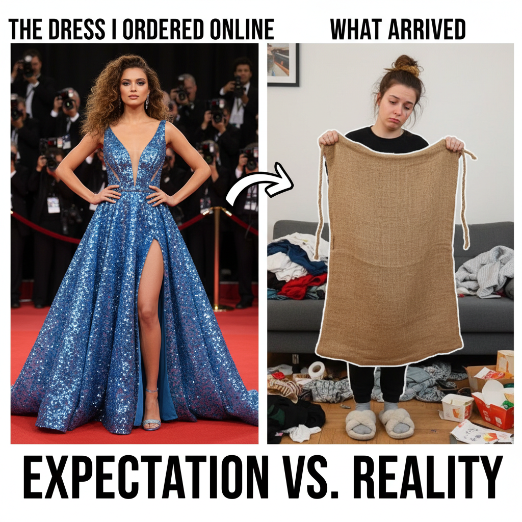 Ordered a 'chic' dress online, got a potato sack. My bank account is crying.