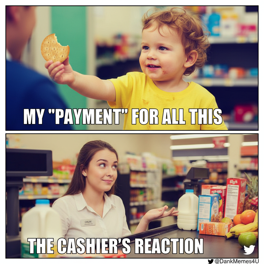 My toddler just tried to pay for groceries with a half-eaten cracker. Send help.