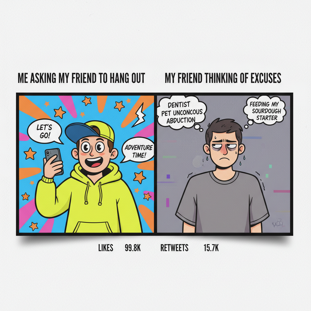 Extrovert: 'Let's go out!' Introvert: *already planning how to cancel*