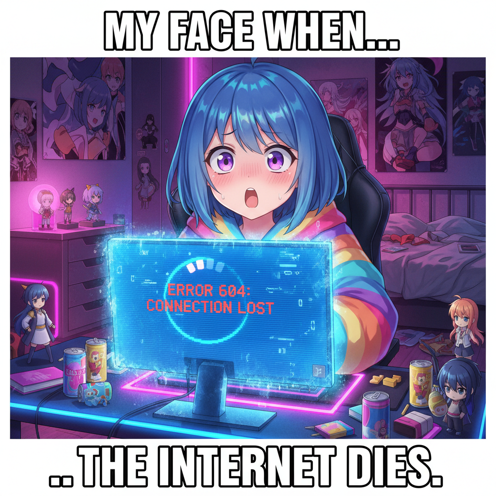When the Wi-Fi cuts out in the middle of a meeting and you just stare blankly like an anime character.