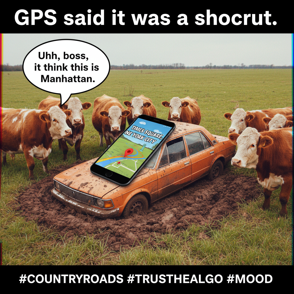 GPS said 'turn left in 500 feet.' We're now in a cow pasture. Thanks, Siri.