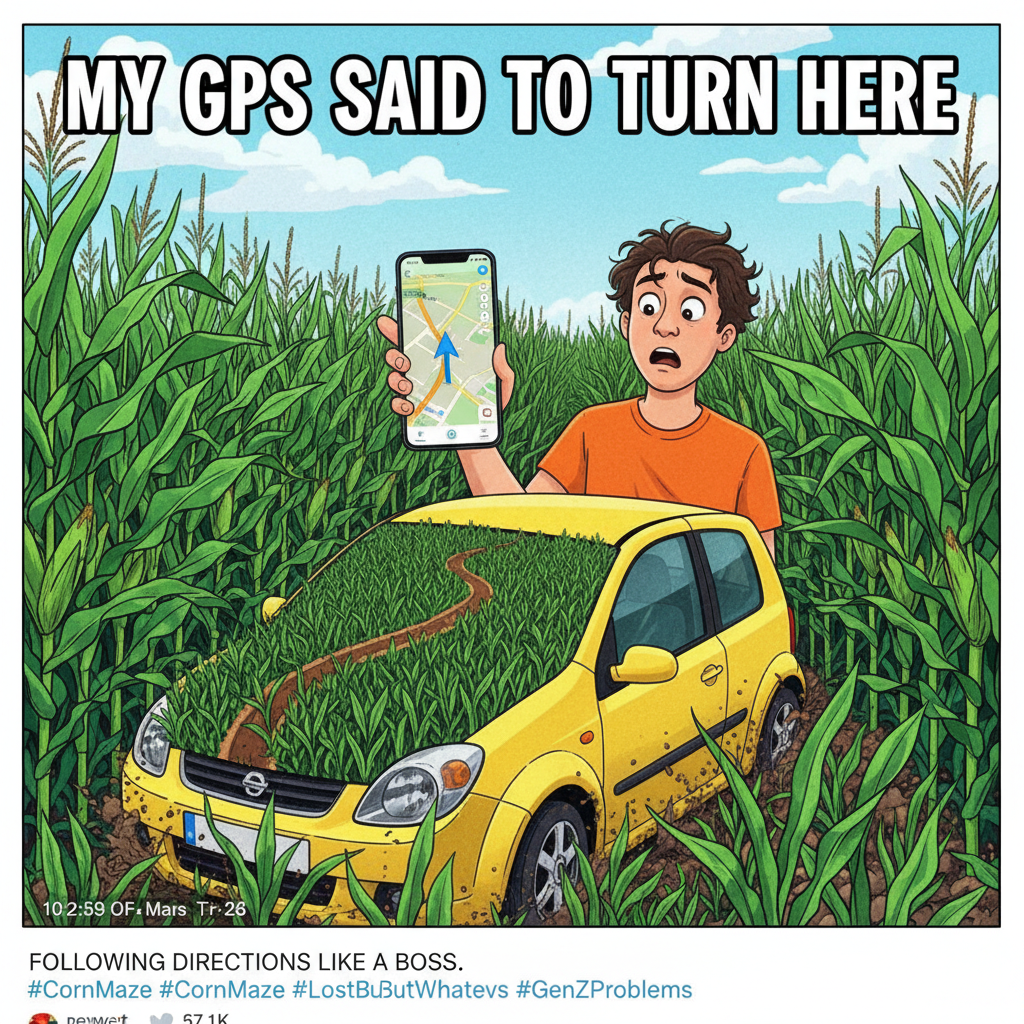 GPS said 'turn left.' I turned left into a cornfield. Send help.