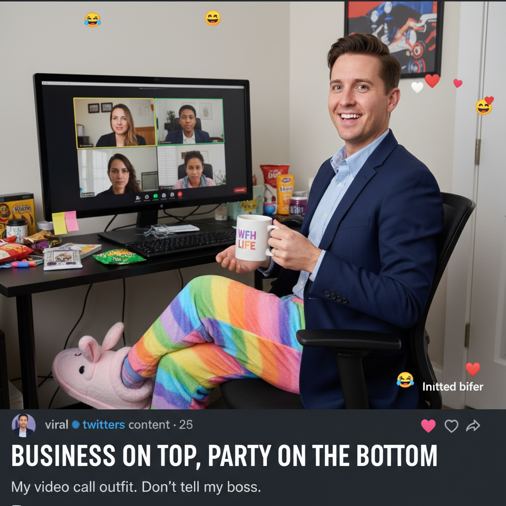 My WFH uniform: business on top, pajama party on the bottom. The ultimate disguise. #WFHLife