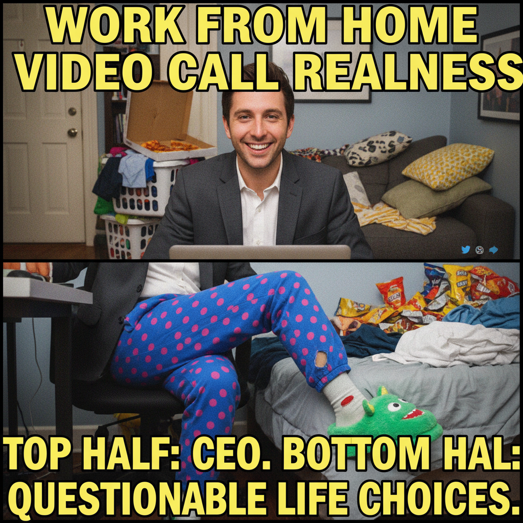 My WFH uniform is 50% pajamas, 50% existential dread. Productivity levels: 0%.