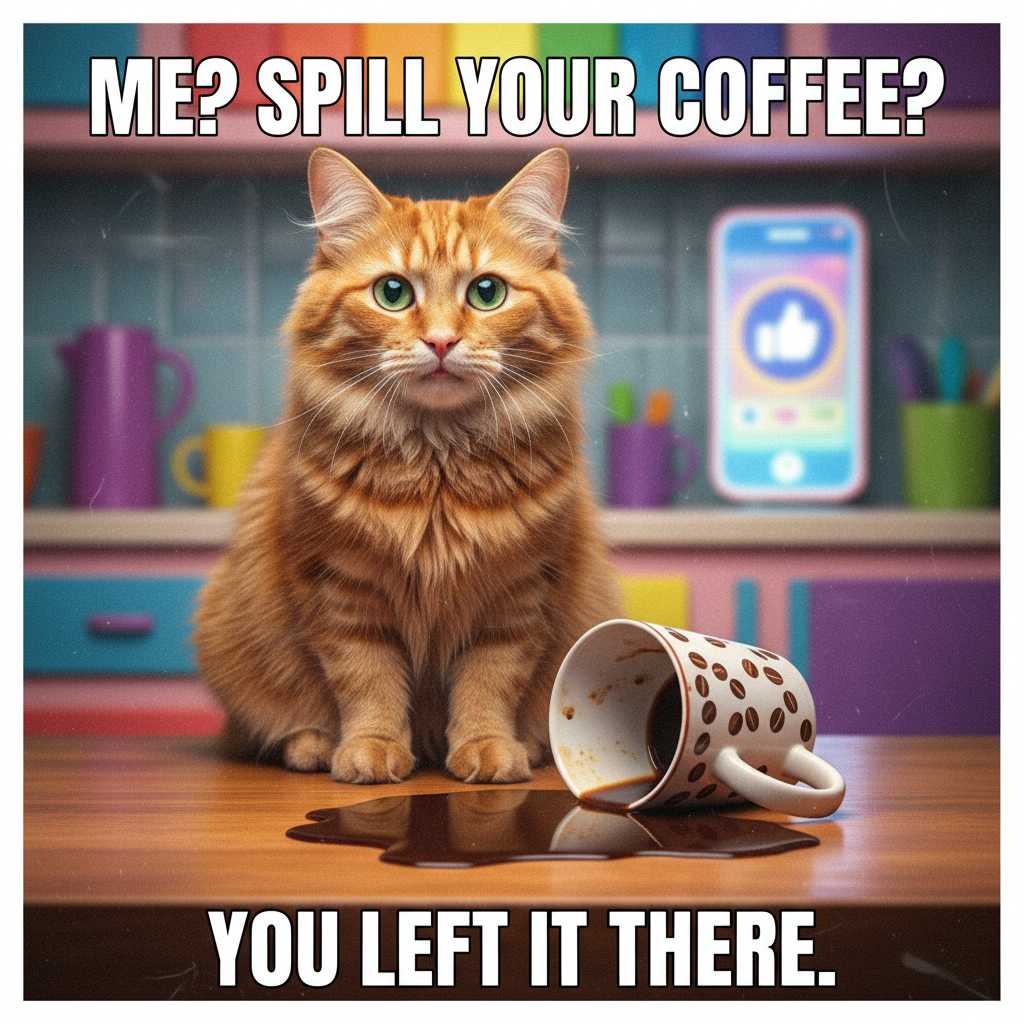 My cat just knocked over my coffee, then looked at me like *I* was the problem. The AUDACITY.