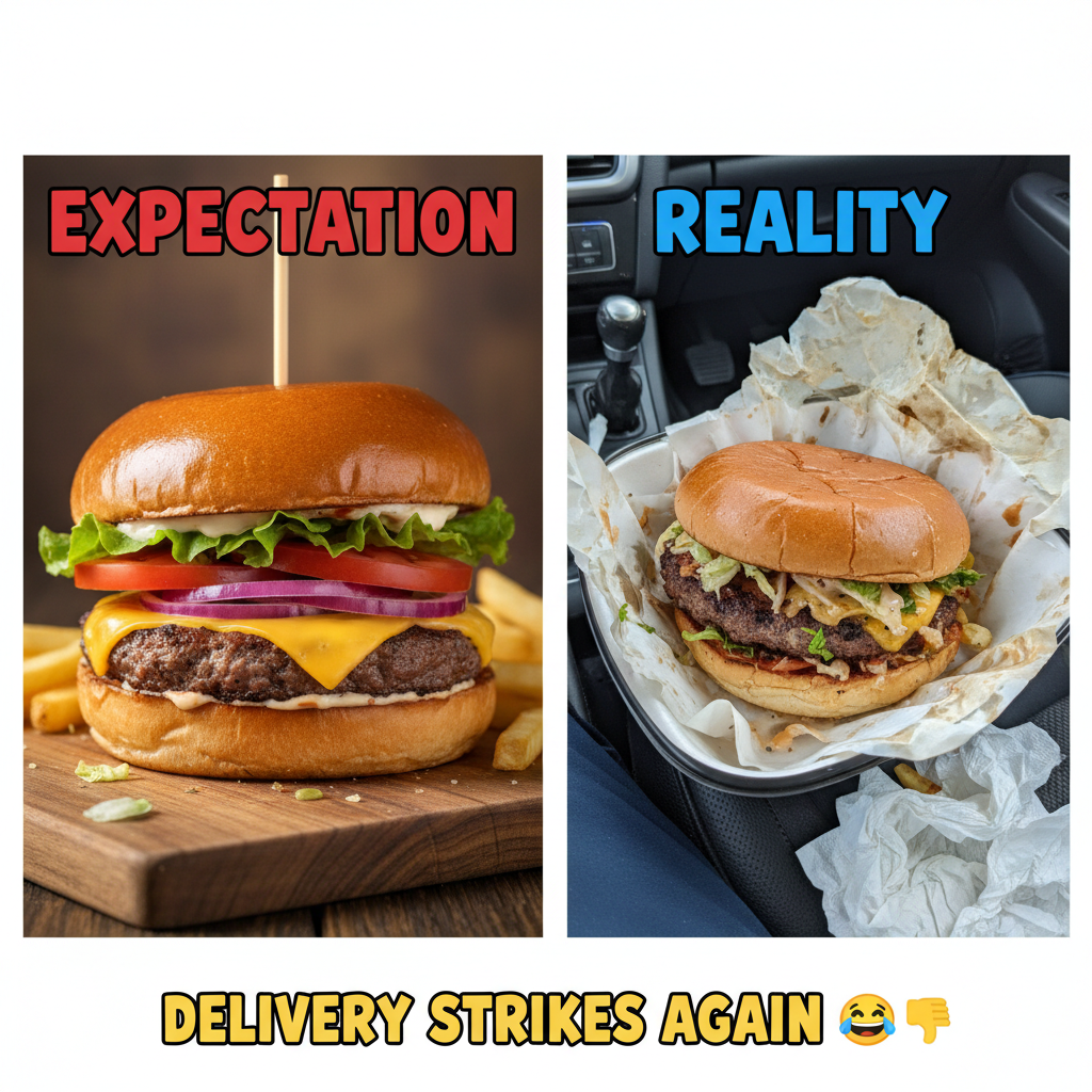 Ordered a gourmet burger. Got something that looks like it lost a fight with a truck. #FoodDelivery