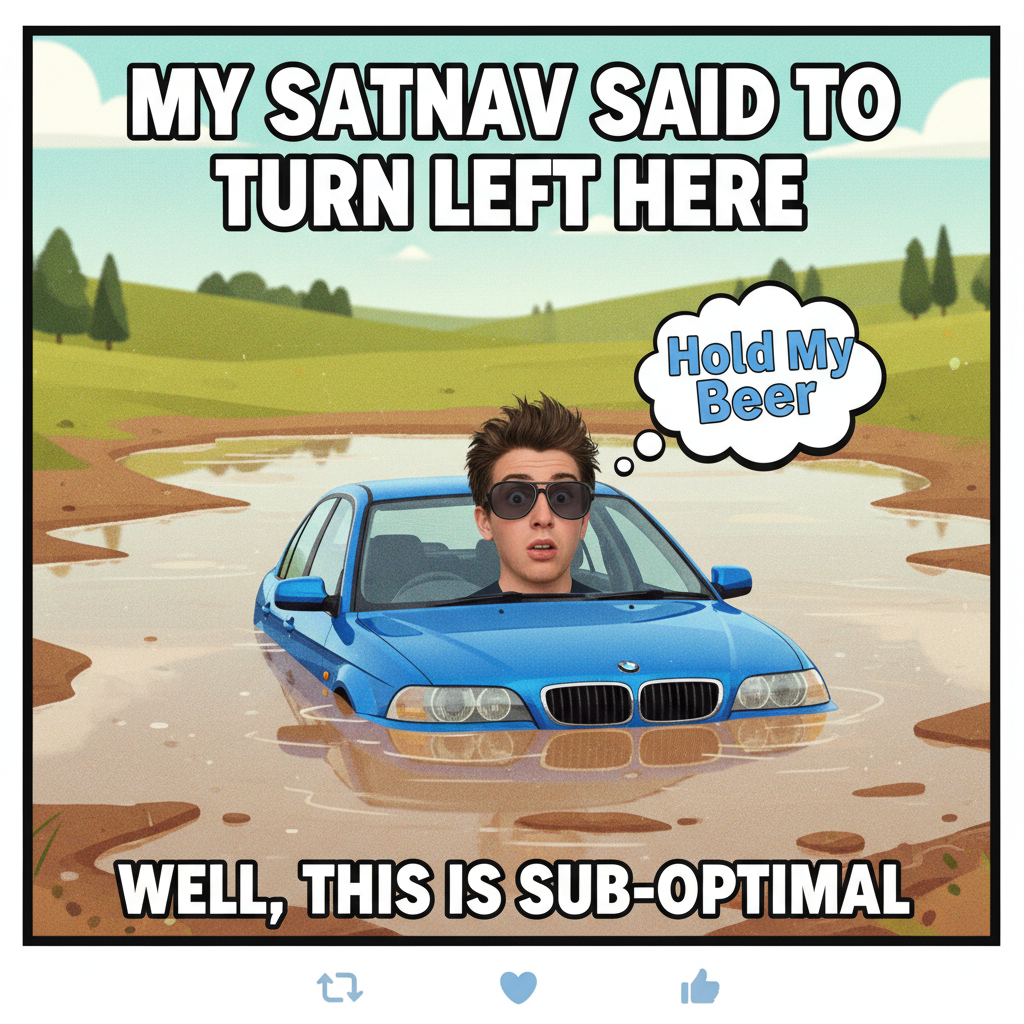 GPS said 'turn left.' I turned left. Into a lake. Send help.