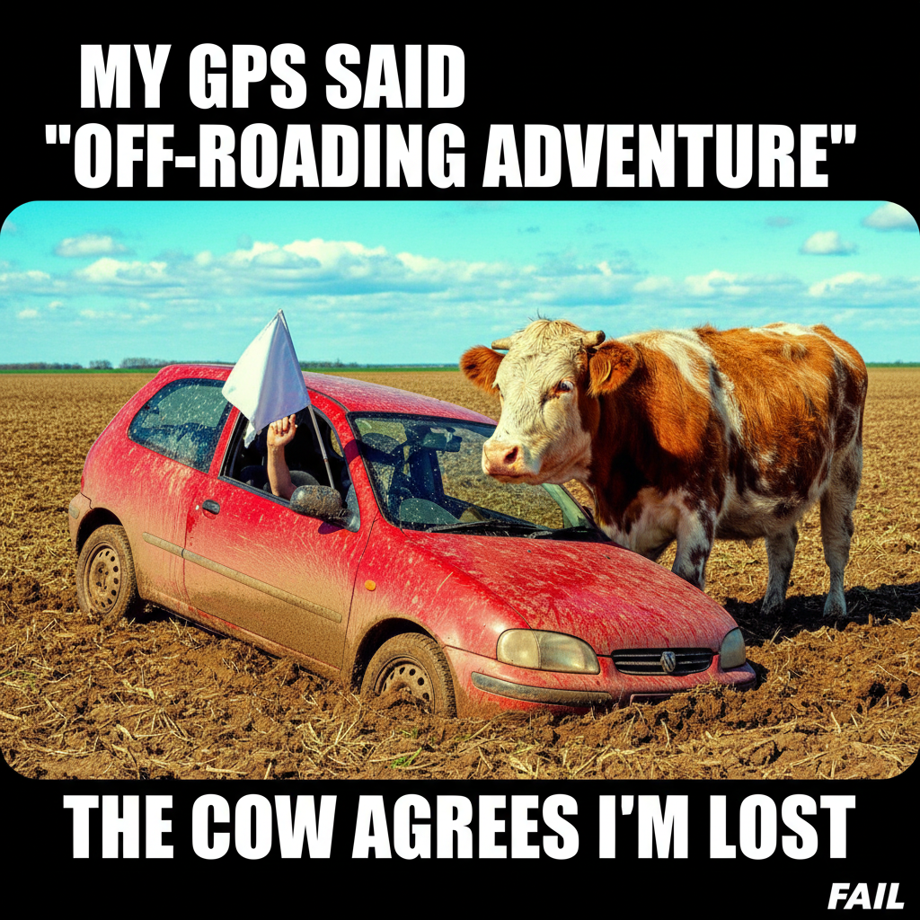 GPS said 'turn left.' I turned left. Now I'm in a field with a cow staring at me.