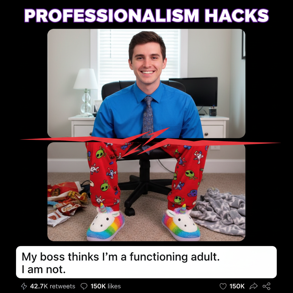 My WFH outfit: Business on top, pajama party on the bottom.
