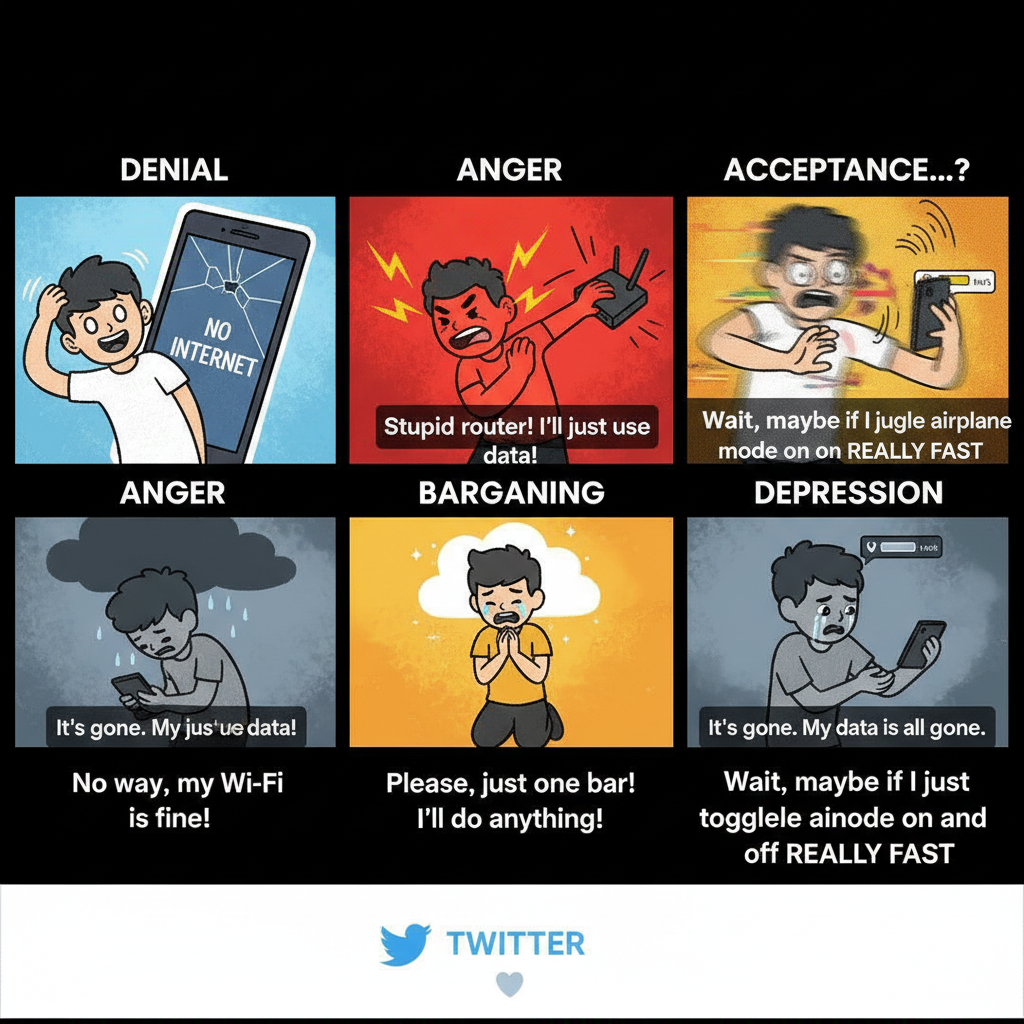 The 5 stages of grief when the WiFi goes down: Denial, Anger, Bargaining, Depression, Data Plan.
