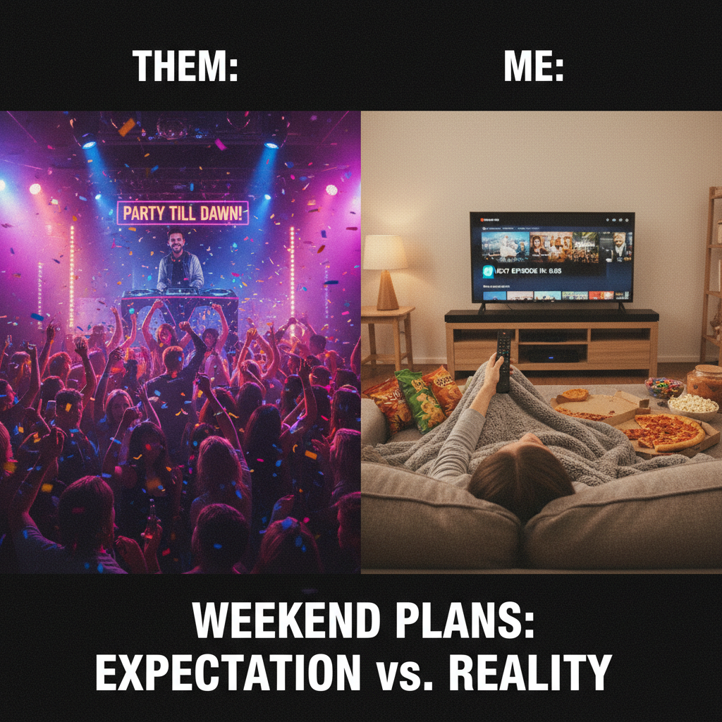 My Friday night plans: clubbing, dancing, living my best life. Reality: PJs, snacks, Netflix.