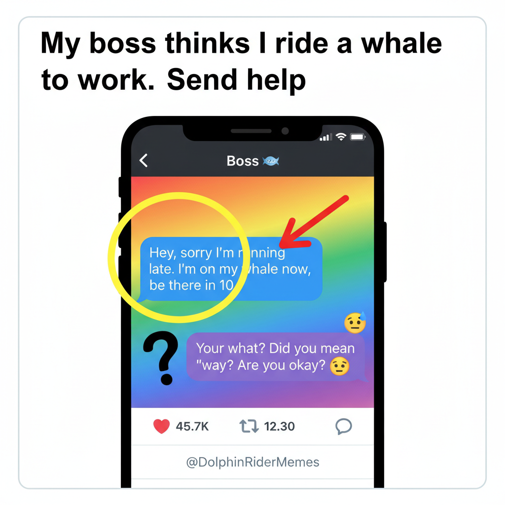 Autocorrect changed 'I'm on my way' to 'I'm on my whale.' My boss is confused.