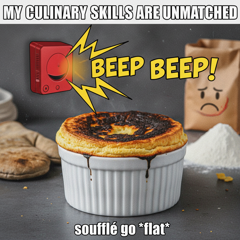 Attempted to make a soufflé. Now I have a burnt pancake and a smoke alarm concert.