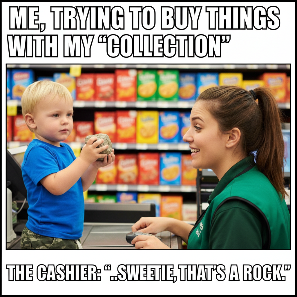 My toddler just tried to pay for groceries with a rock. Send help. #Parenting