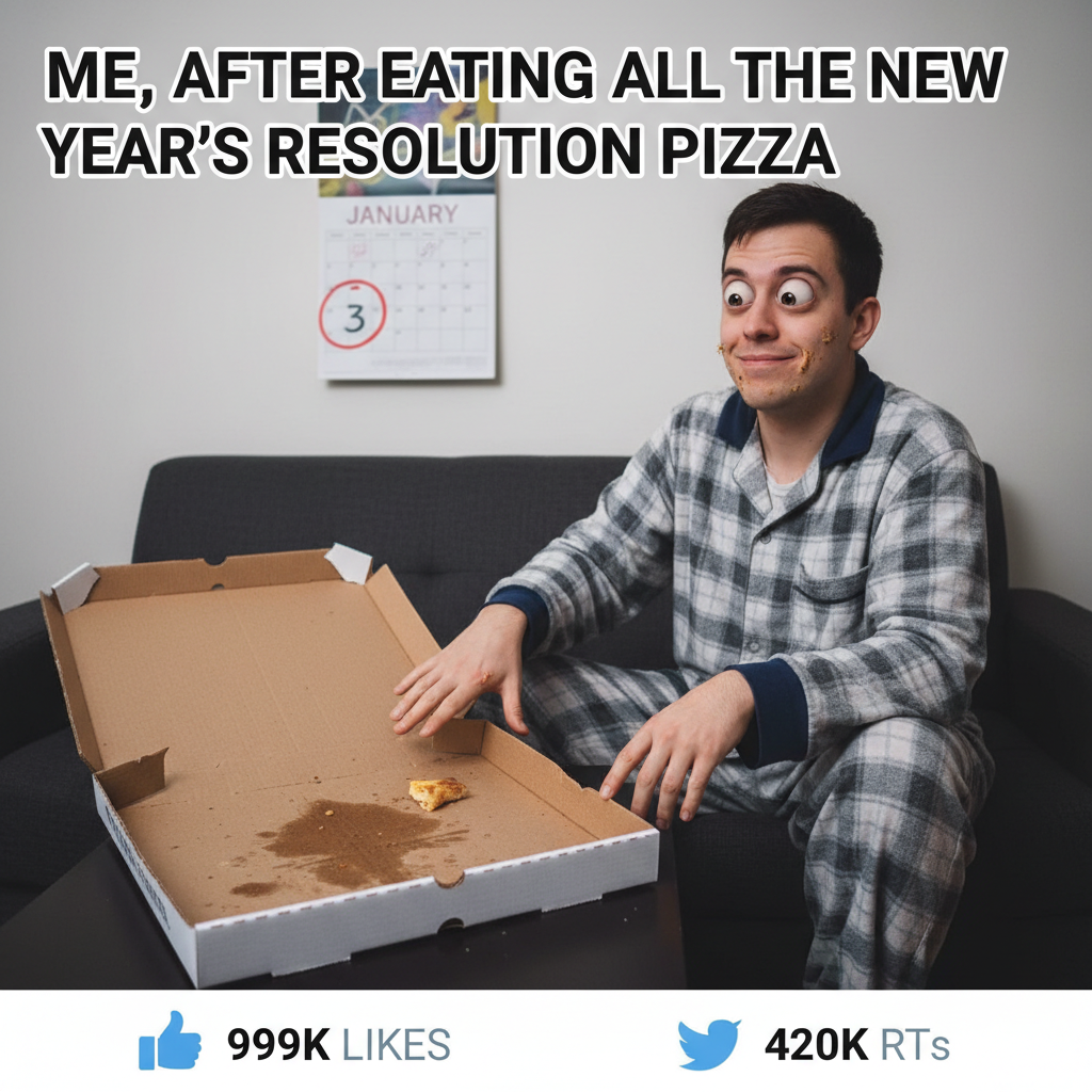 My New Year's resolution was to eat healthier. It's January 3rd and I just ate a whole pizza.