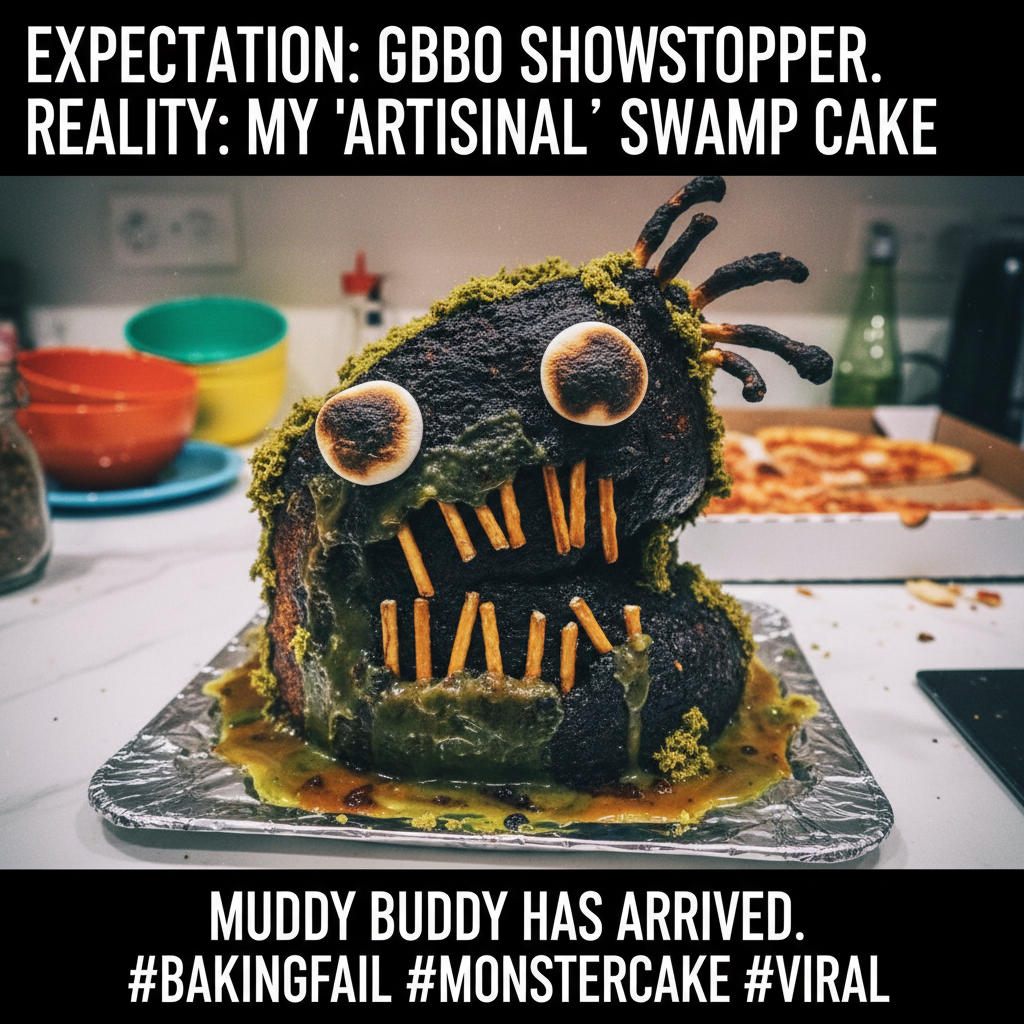 Attempted to bake a cake. It looks like a swamp monster. Send help and a fire extinguisher.