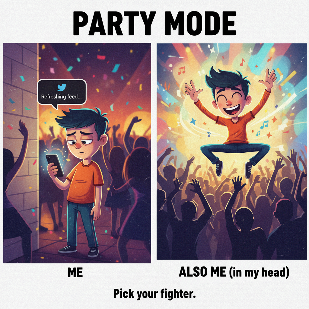 Introvert at a party: pretending to check phone. Extrovert: IS ANYONE ELSE HAVING FUN?! #Introvert