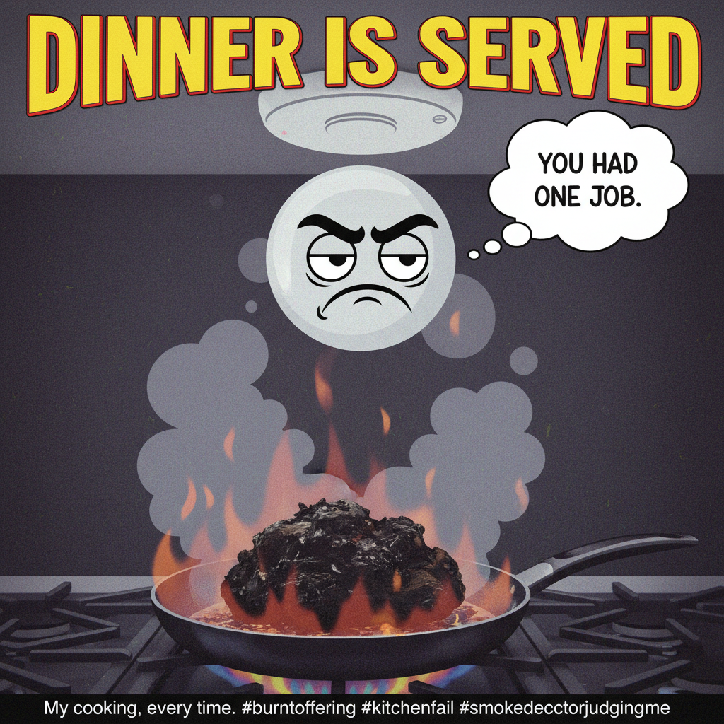 Attempted gourmet, ended up with charcoal. My smoke detector is judging me.