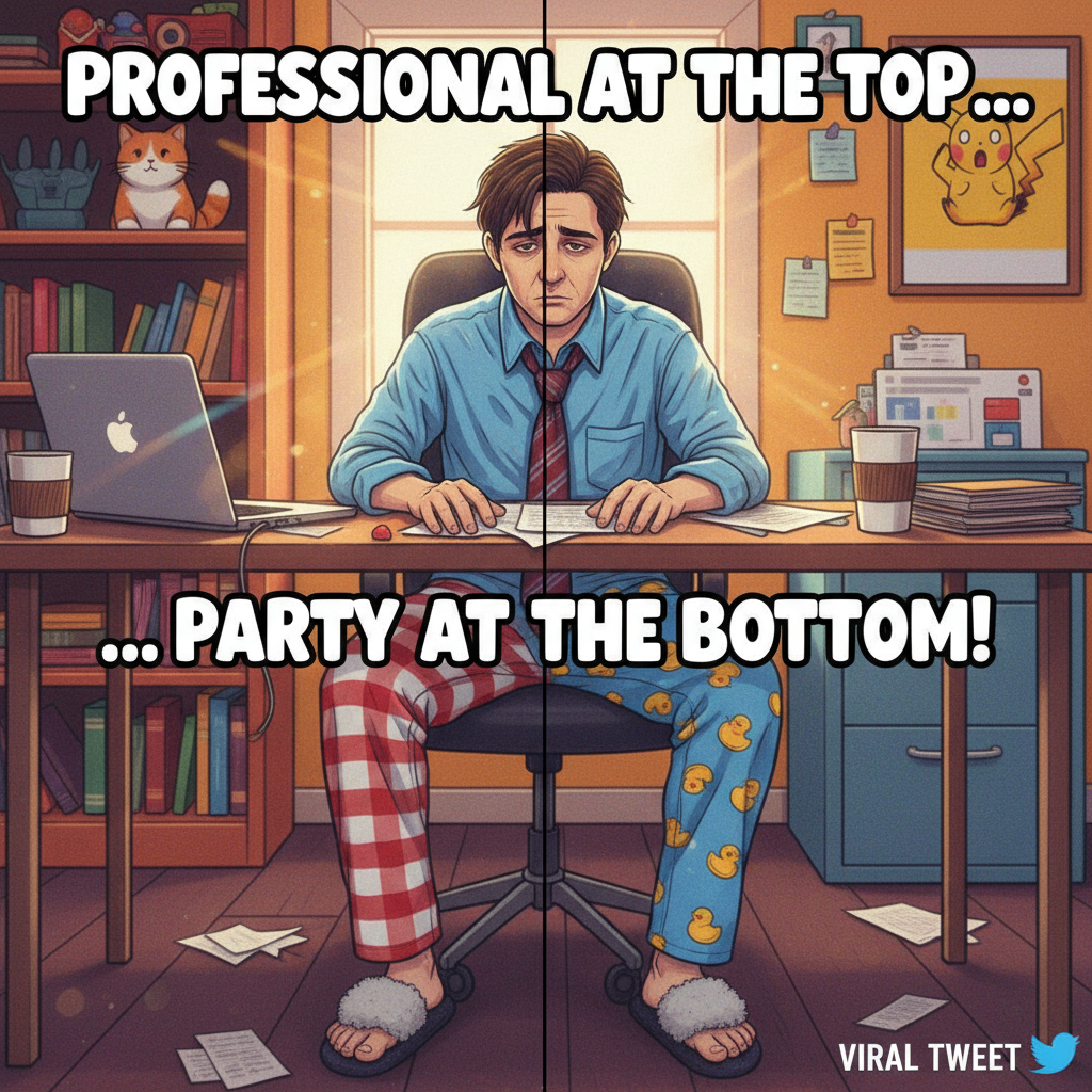 My WFH uniform is 50% pajamas, 50% existential dread. Productivity levels are... fluid.