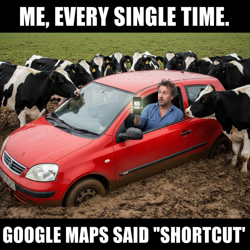 GPS said 'turn left in 500 feet.' We're now in a cow pasture. Send snacks.