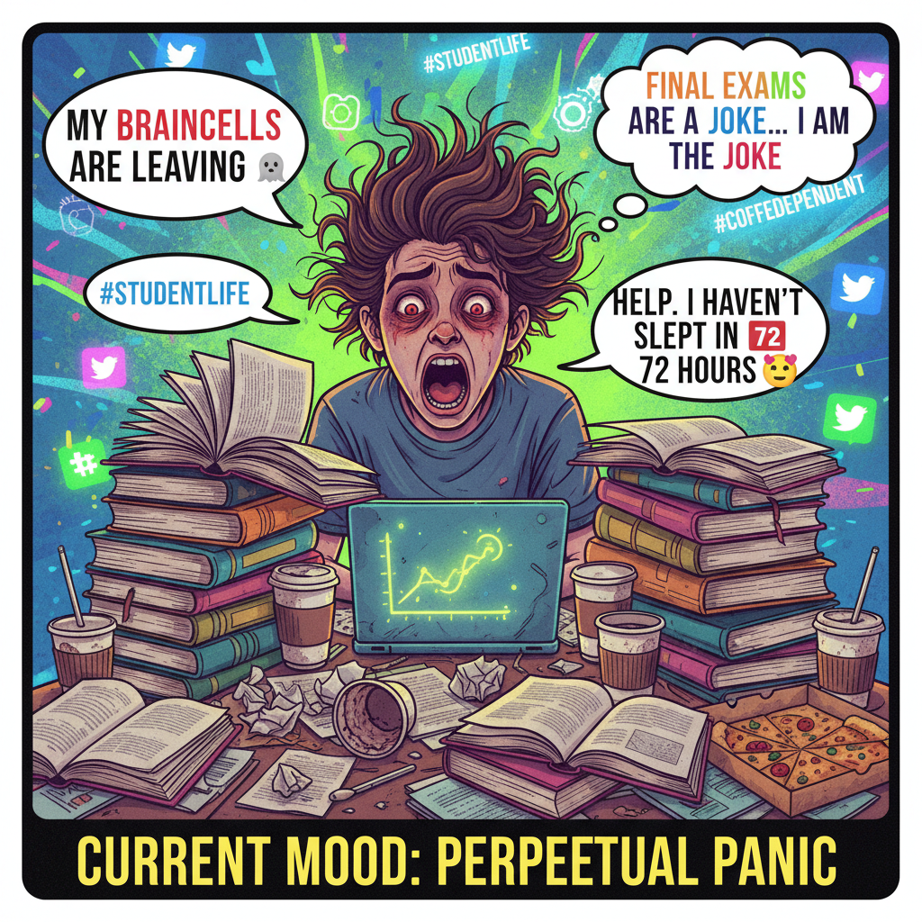 My brain during exam season: 90% caffeine, 10% panic, 0% actual information.
