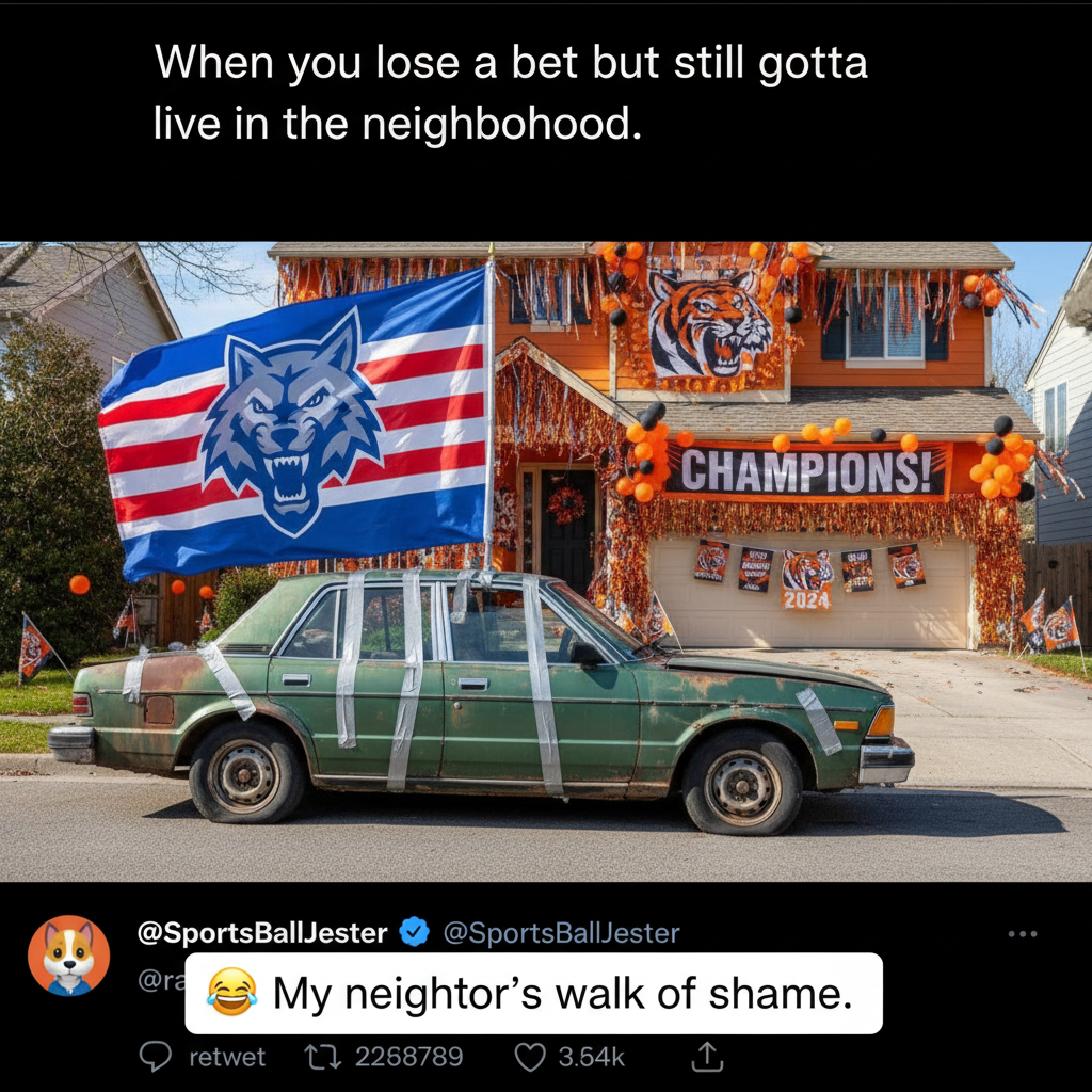 My team won. My neighbor's car now has my team's flag duct-taped to it. Sorry, not sorry.