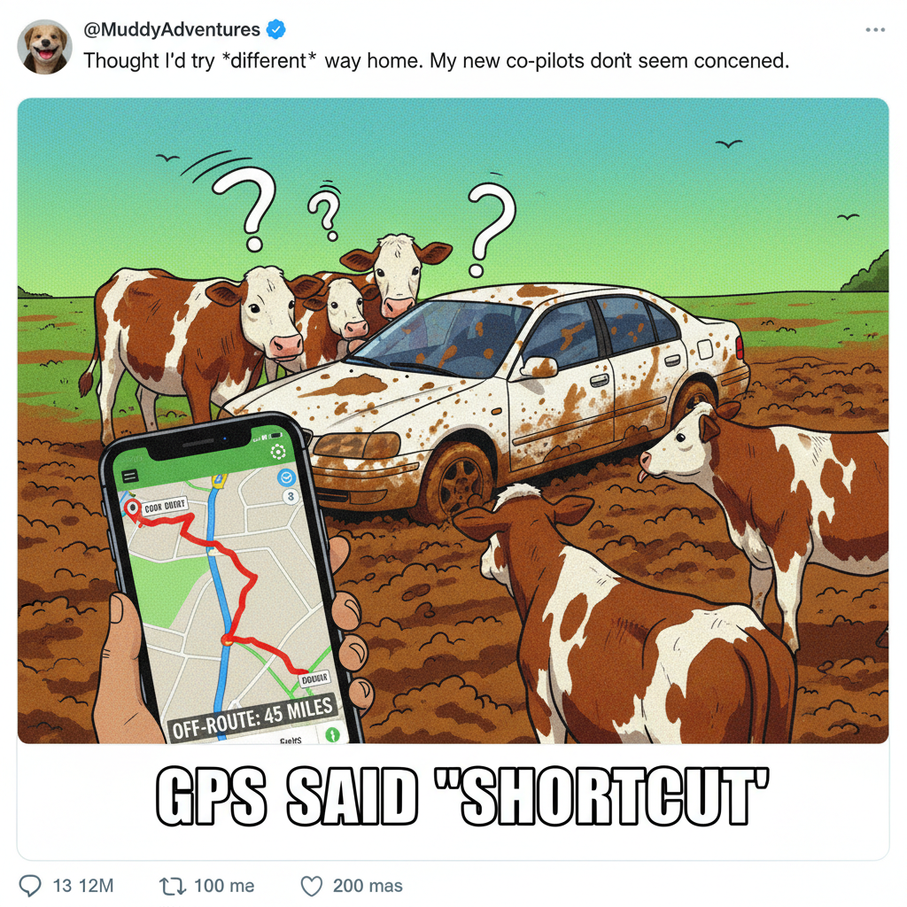 GPS said 'turn left'. I turned left. Now I'm in a cow pasture. Send snacks.