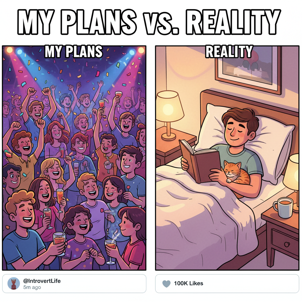 Extrovert: 'Let's go out!' Introvert: *already in bed by 8 PM*
