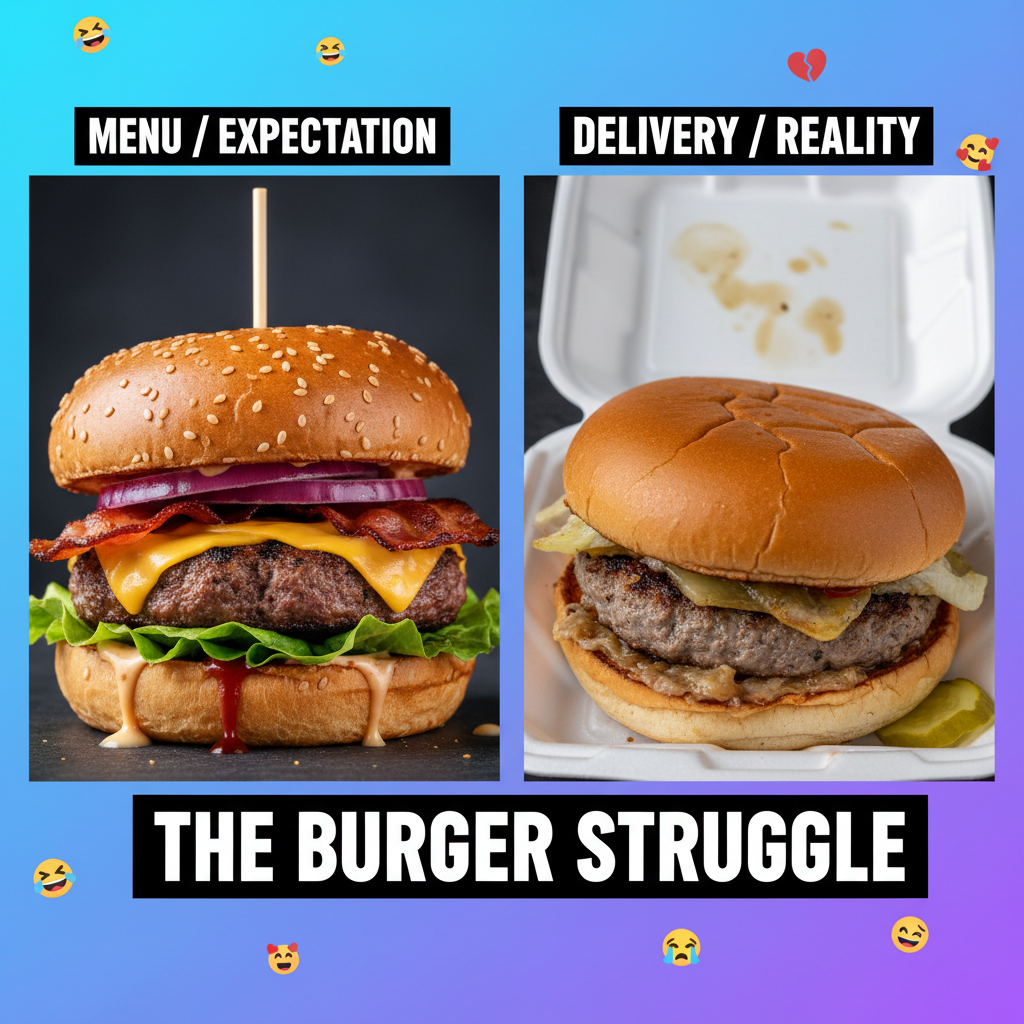 Ordered a gourmet burger, got a sad patty on a soggy bun. My expectations were violated.