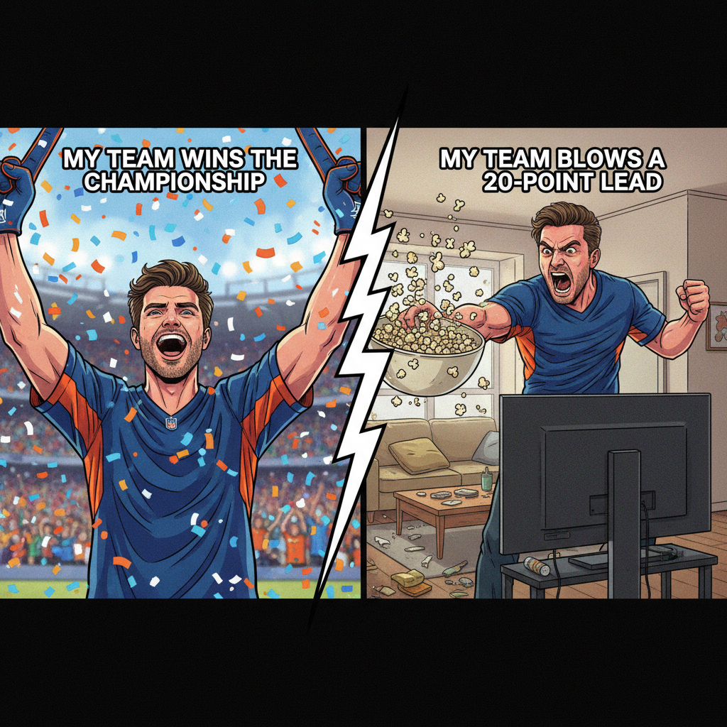 My team scores: 'WE ARE THE CHAMPIONS!' My team misses: 'RIGGED! FIRE EVERYONE!'