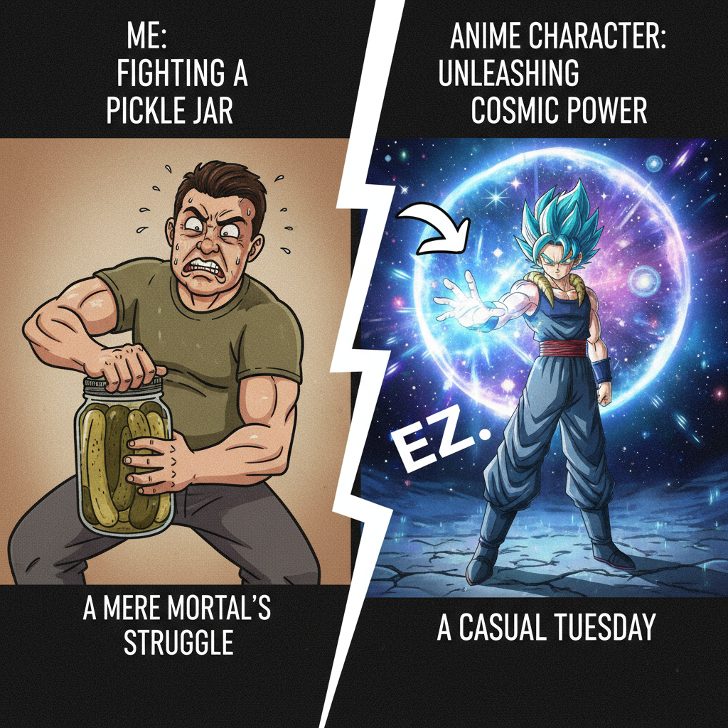 Me trying to open a pickle jar vs. any anime character opening a portal to another dimension.