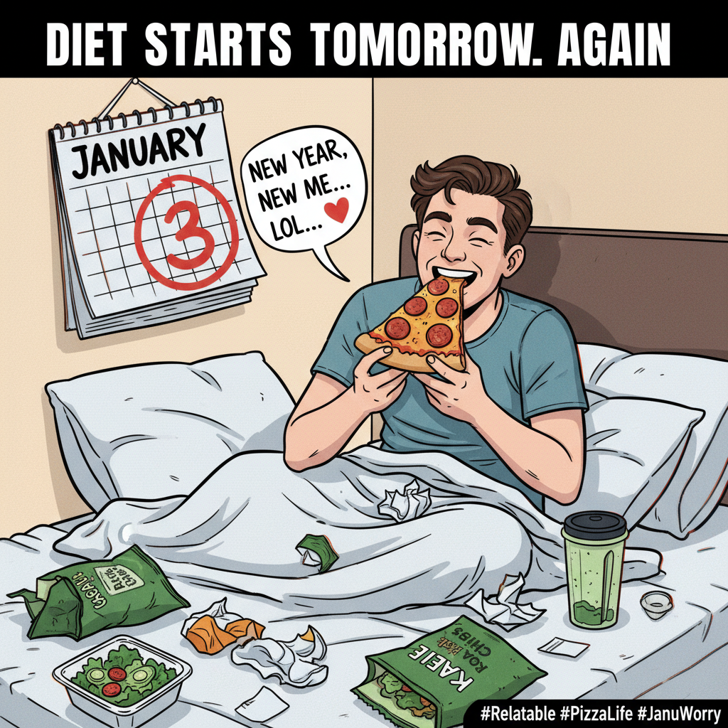 Day 3 of my 'new me' resolution: I'm eating pizza in bed. Nailed it. 🍕 #NewYearNewMe
