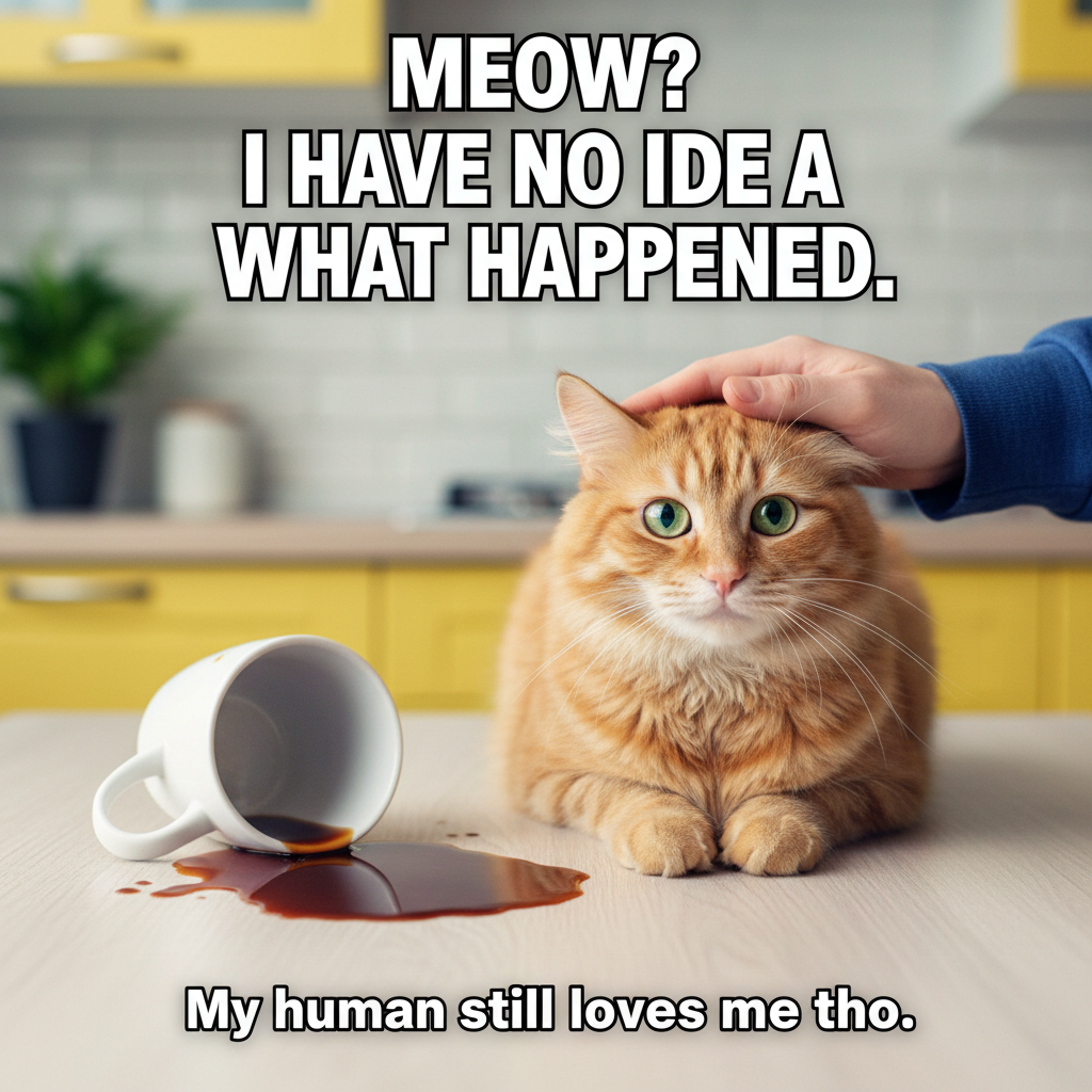 My cat just knocked my coffee over, then purred. Can't even be mad. 😼 #PetLife