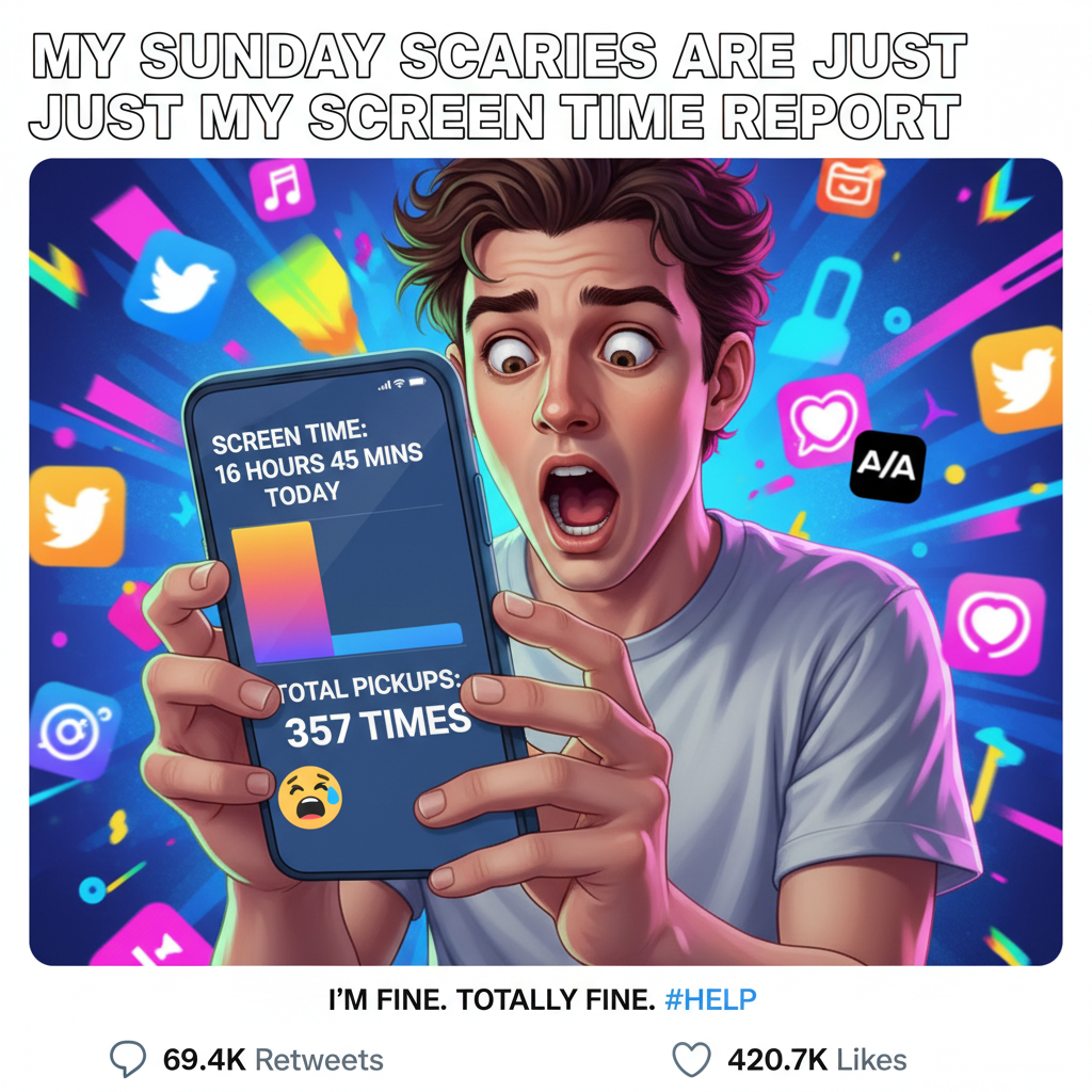 My screen time report is basically my autobiography. Send help. 😩 #PhoneAddict