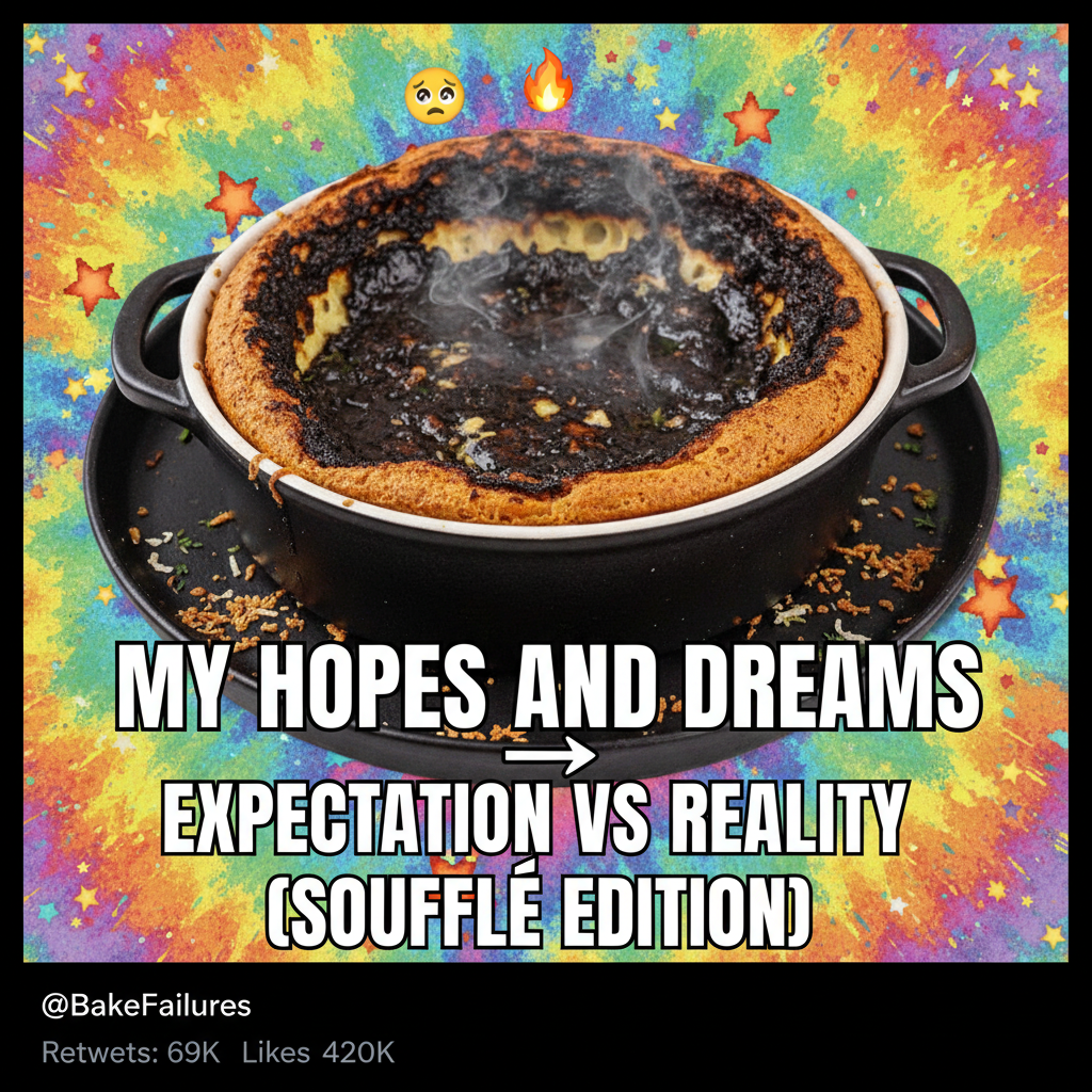 Tried to make a soufflé. Ended up with a culinary black hole. My kitchen is now a crime scene.
