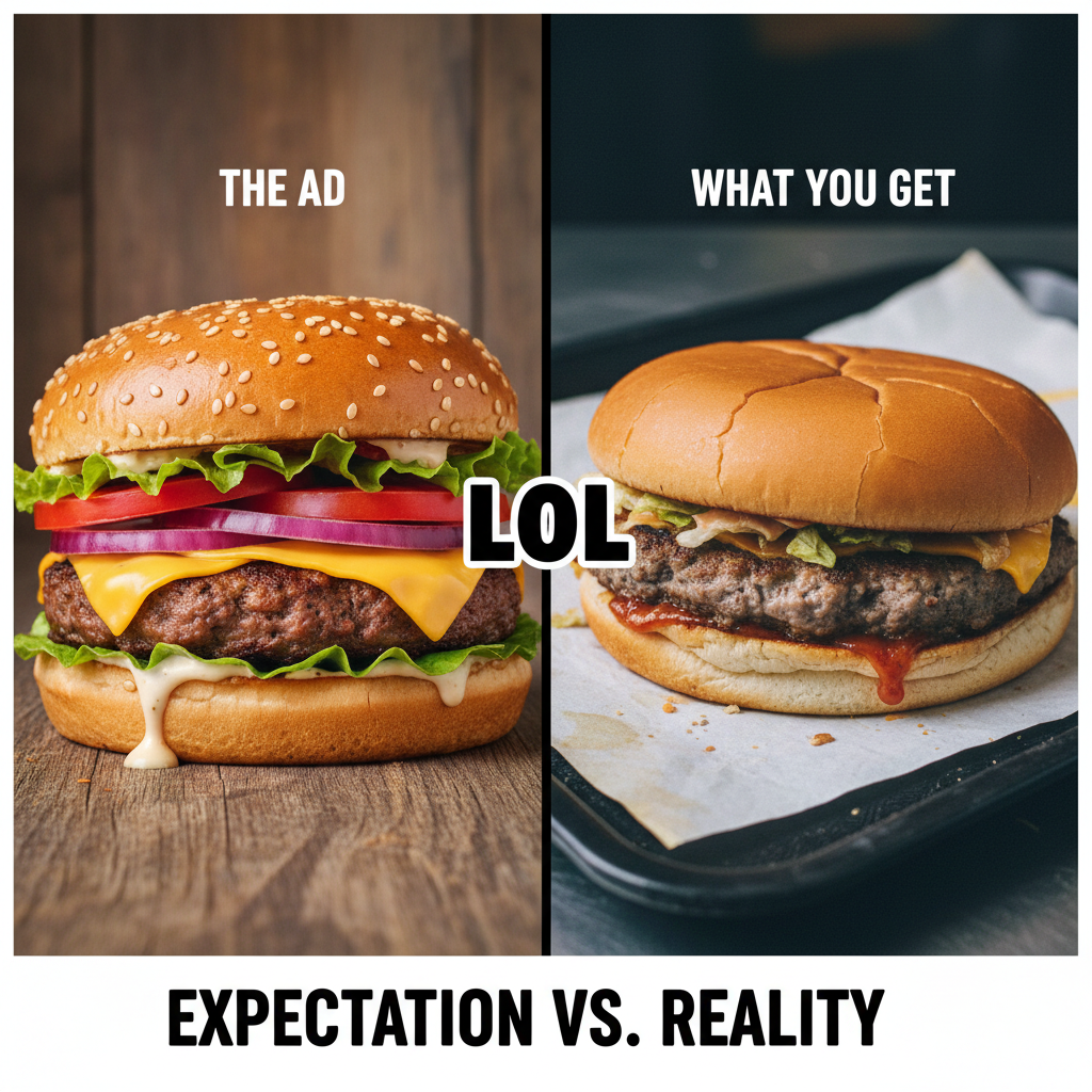 Ordered a gourmet burger, got a sad patty on a bun. My expectations are officially in witness protection.