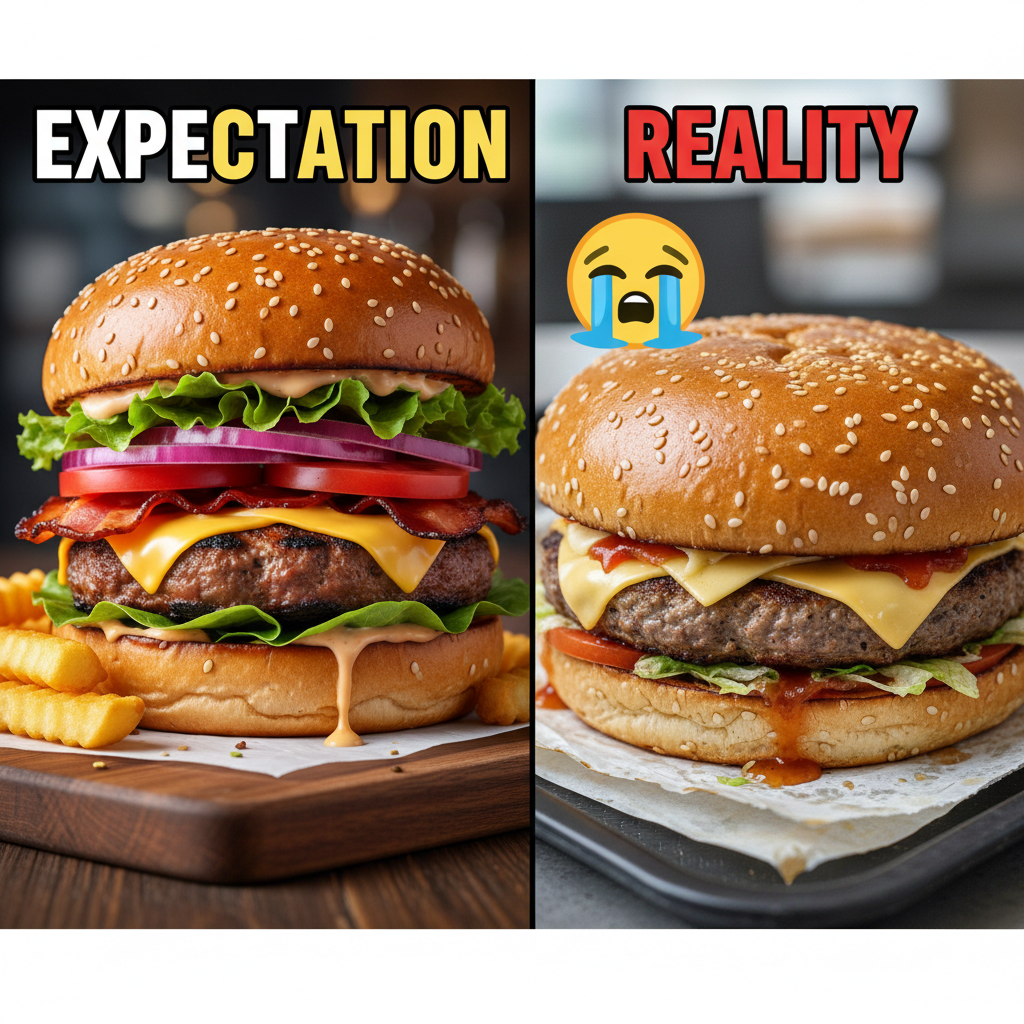 Ordered a gourmet burger. Got a sad patty on a soggy bun. My disappointment is immeasurable.
