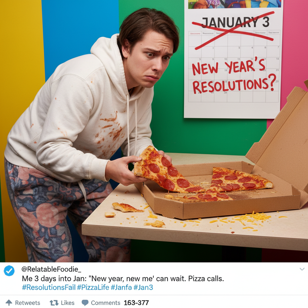 My New Year's resolution was to be healthier. I ate a whole pizza for breakfast. It's January 3rd.