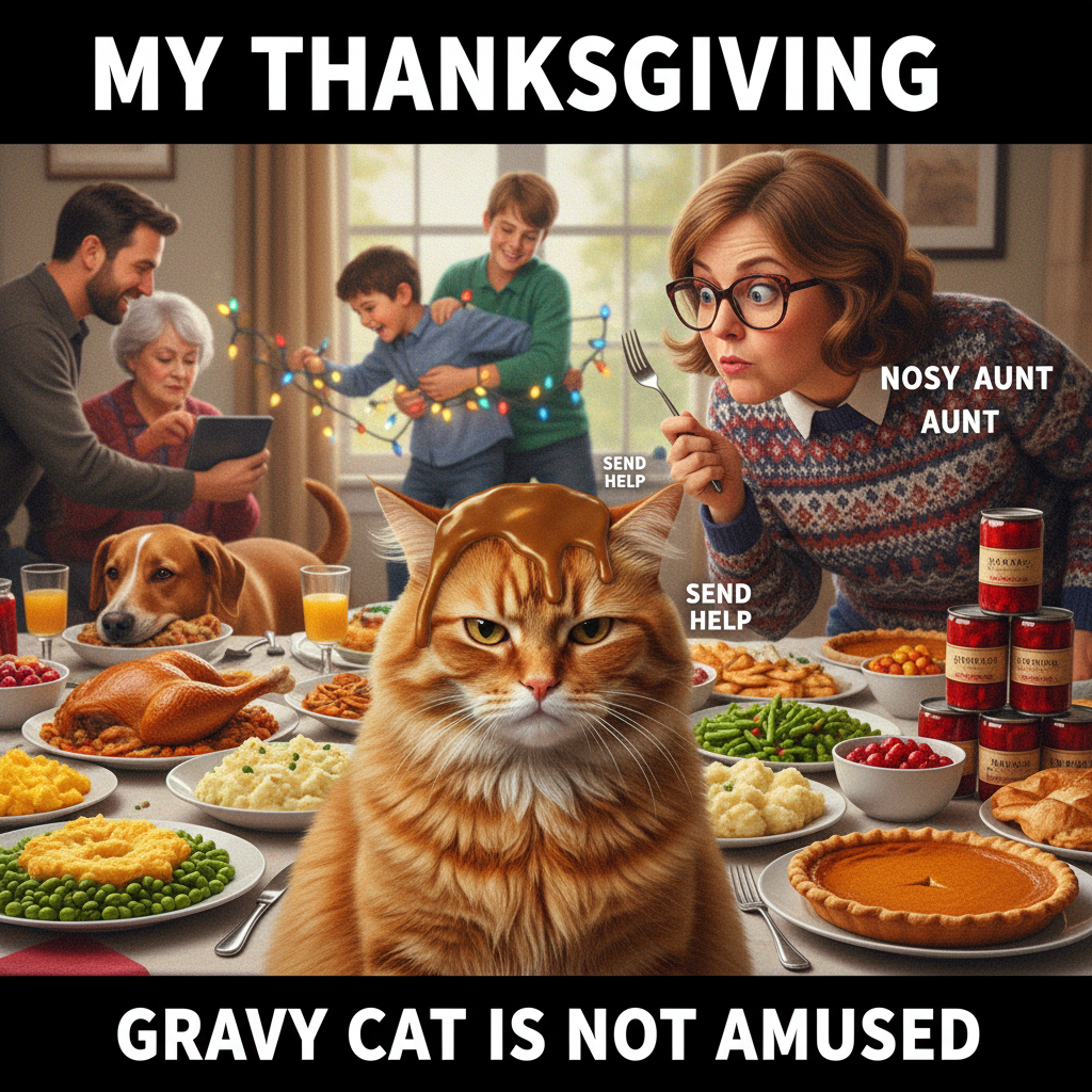 Holiday dinner chaos: My aunt just asked if I was 'still single' while my cousin spilled gravy on the cat.