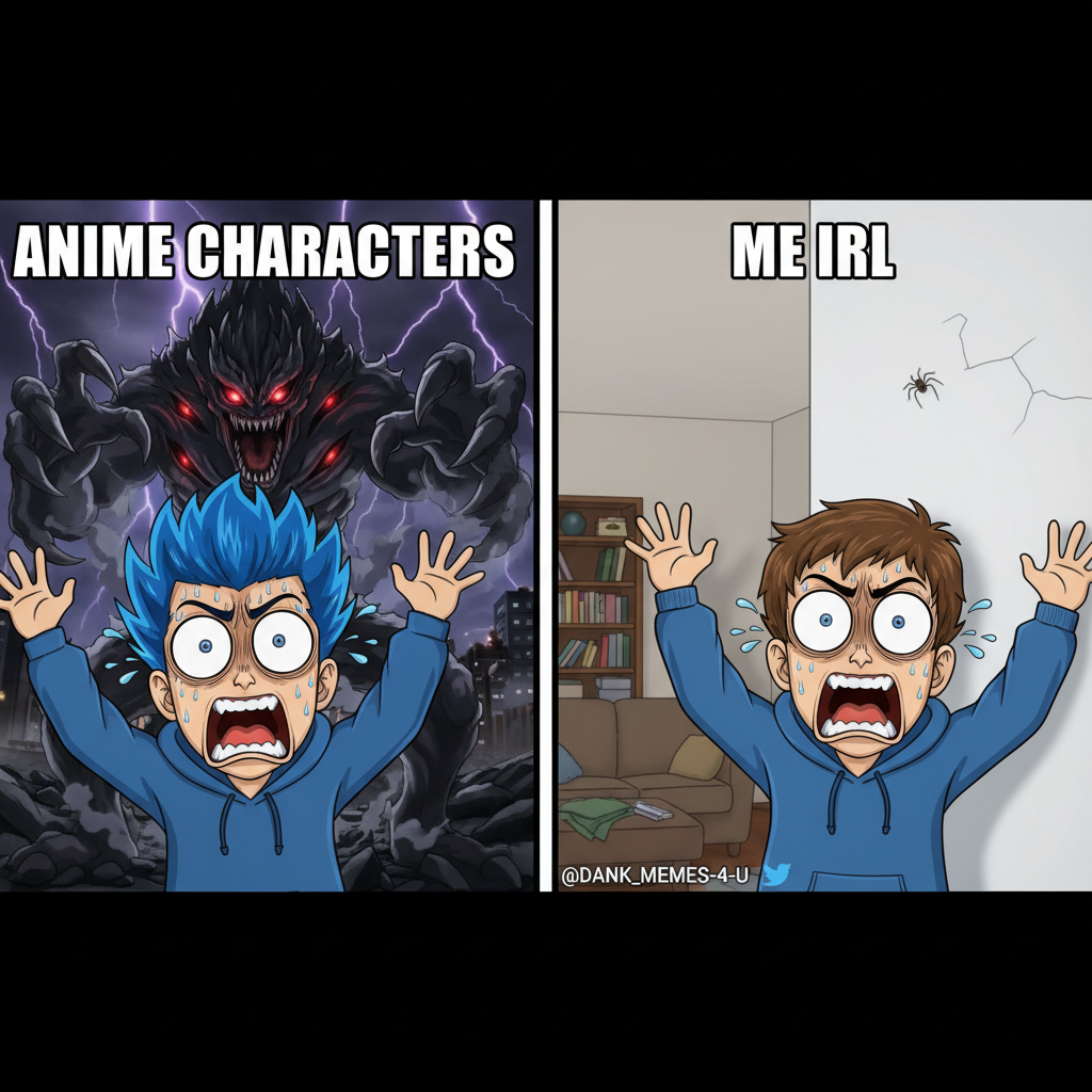 Me watching a spider in my room vs. an anime character watching a monster. Same energy.