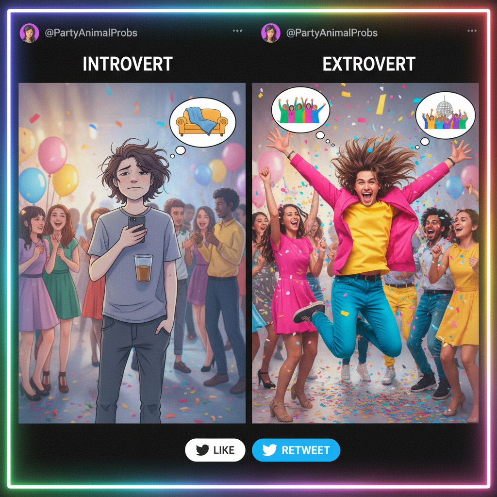 Introvert at a party vs. Extrovert at a party. Two very different experiences. 😂