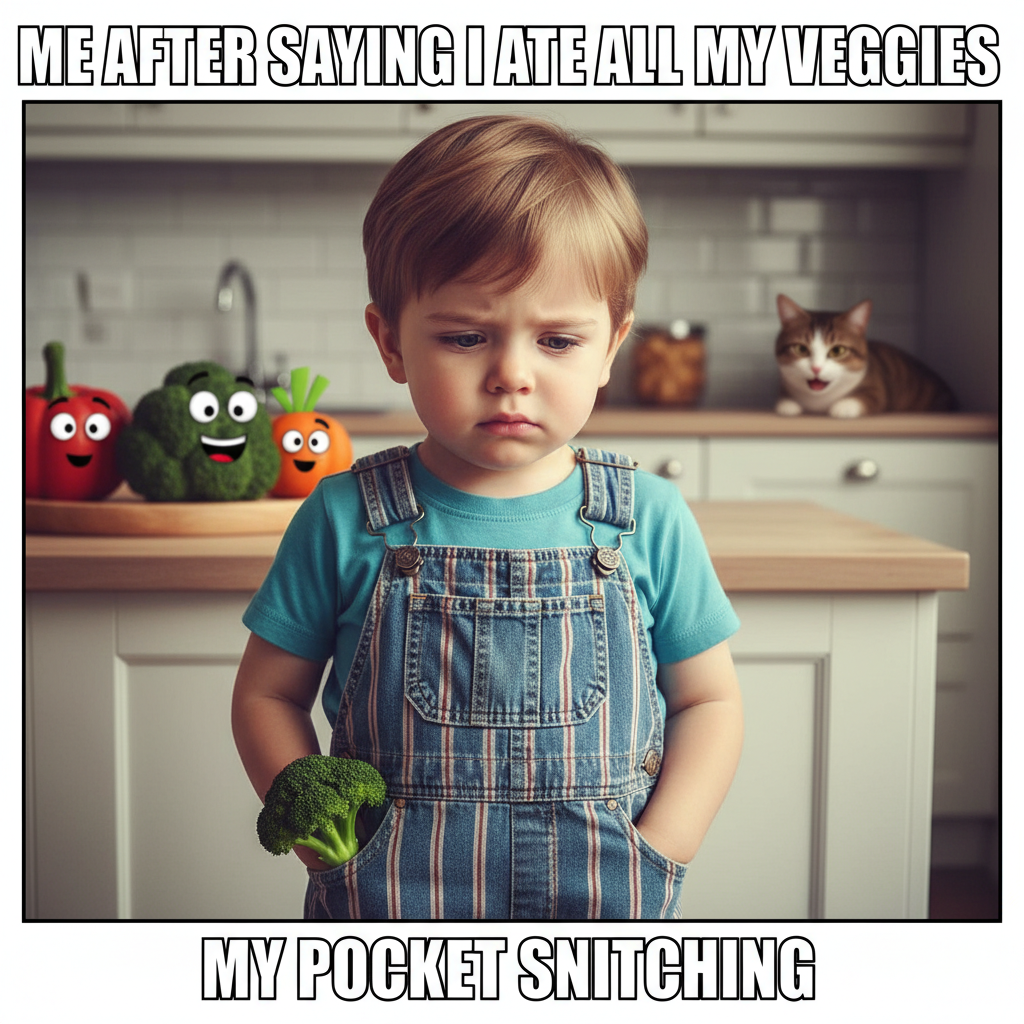 Just found my kid hiding broccoli in their pocket. The stealth is real. 🥦