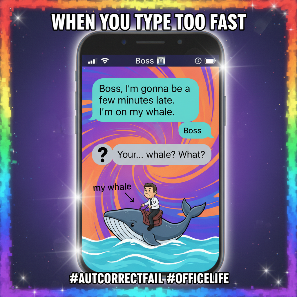 Autocorrect changed 'I'm on my way' to 'I'm on my whale.' My boss is confused.